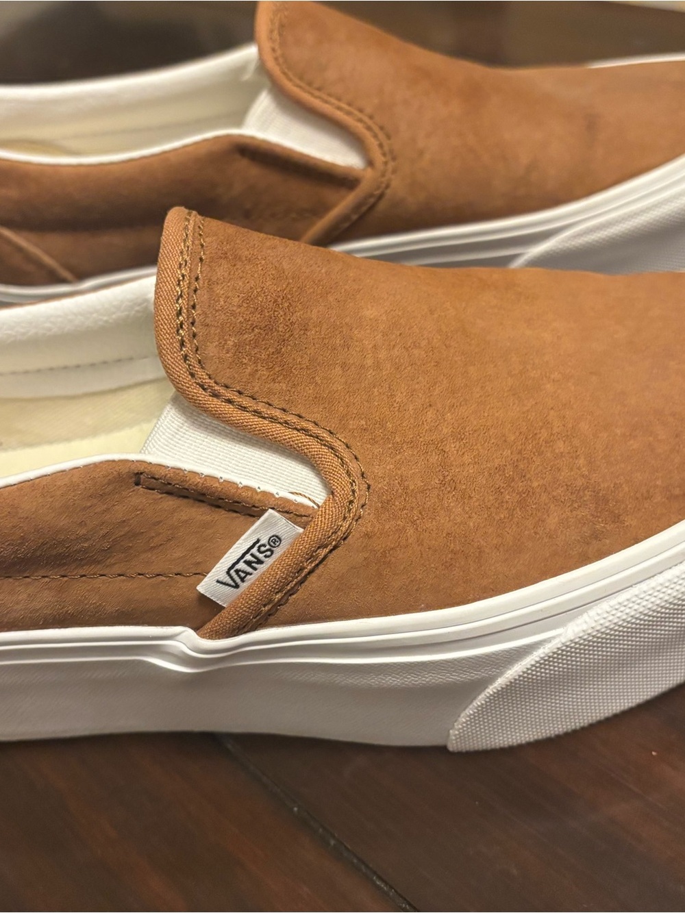 Vans Slip-On Platform Sneakers - Tan & White Soft Suede - Picture 3 of 6